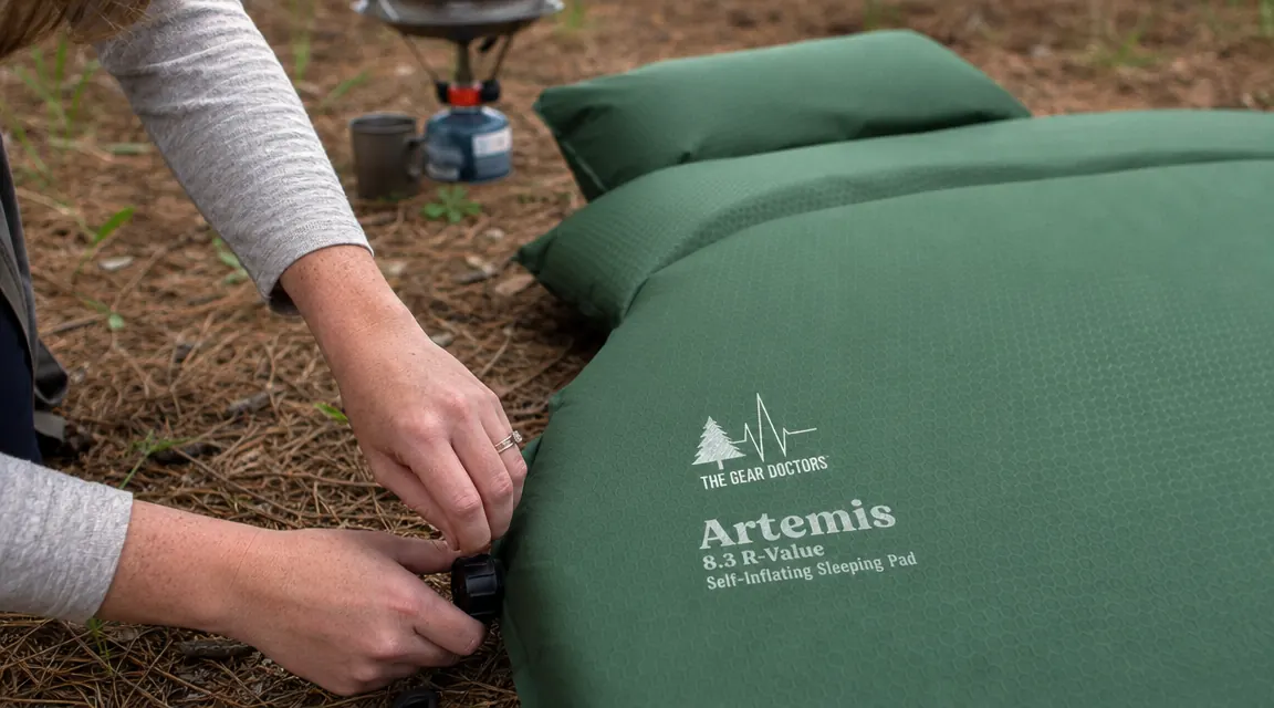 Hand opening the inflation valve on the Gear Doctors Artemis sleeping pad next to a camp stove and coffee mug