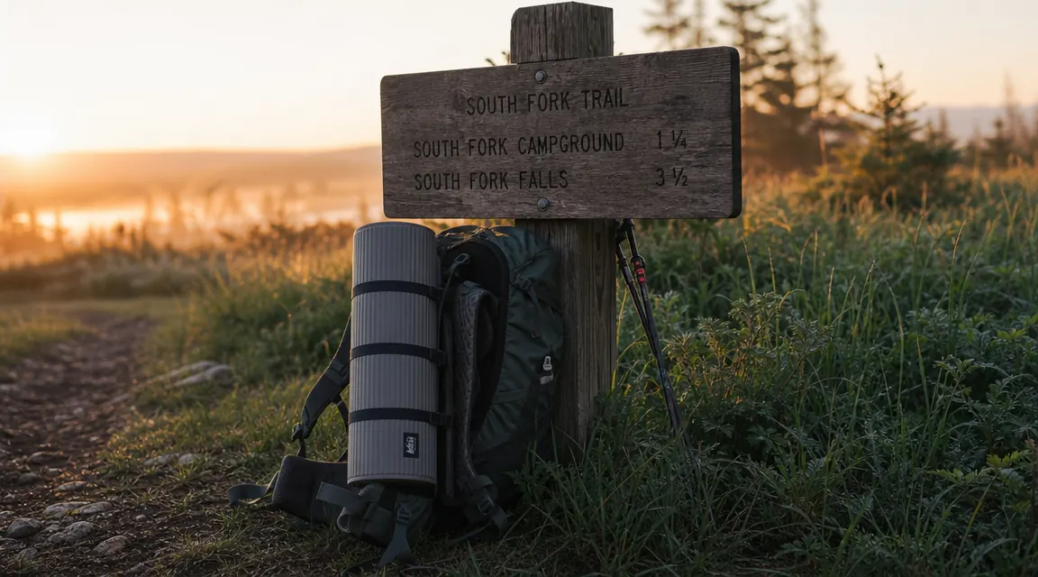 Sleeping pad rolled and strapped next to a backpack on a trailhead bench at dawn