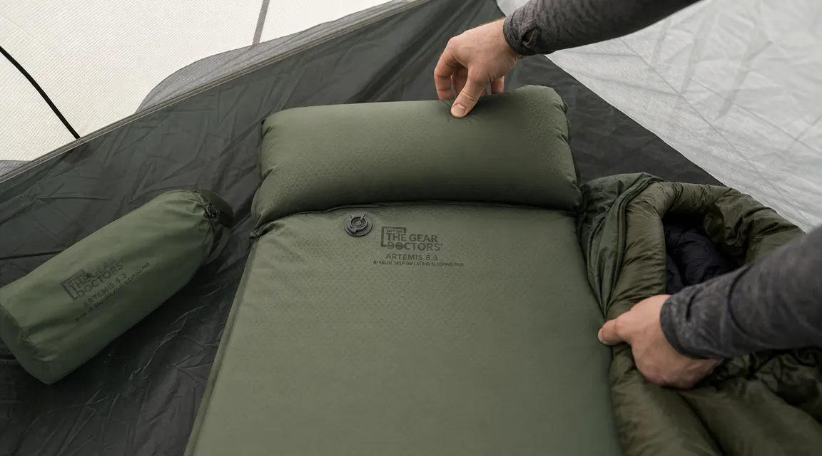 Close-up of the included pillow attachment inflated and laid against the top of the sleeping pad in a tent