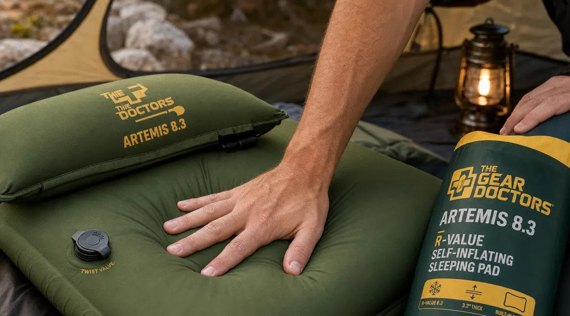 Hand pressing down on a thick self-inflating sleeping pad inside a tent to check firmness, stainless water bottle visible nearby