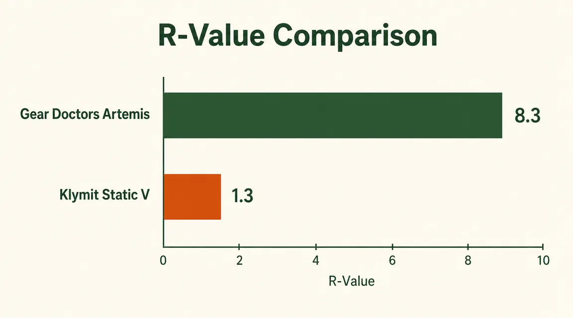 R-value comparison chart showing Gear Doctors Artemis at 8.3 versus Klymit Static V at 1.3, bar chart on cream background