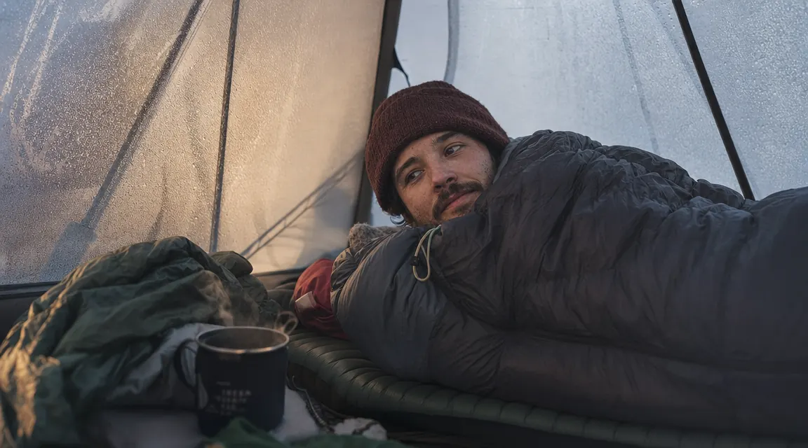 Camper in a sleeping bag on a thick pad inside a frost-edged tent in early morning, mug of coffee steaming beside them