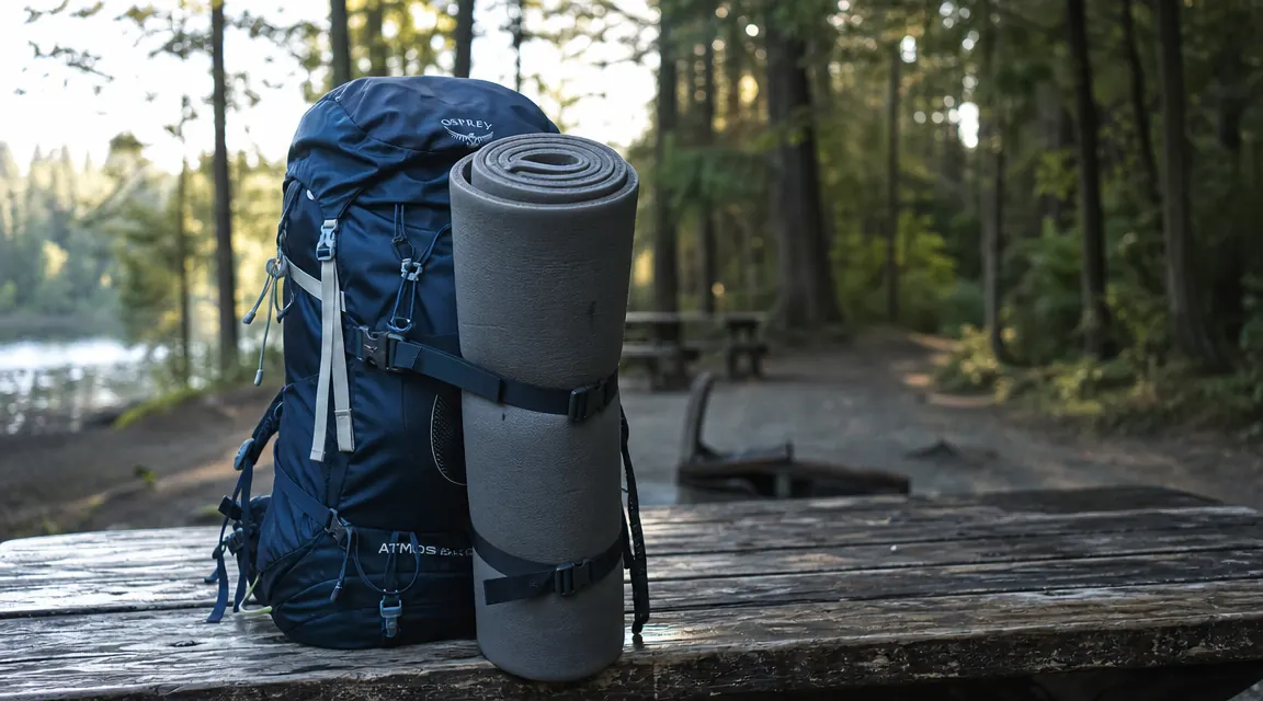 Rolled-up sleeping pad next to a backpack on a wooden picnic table at a campsite, showing compact pack size