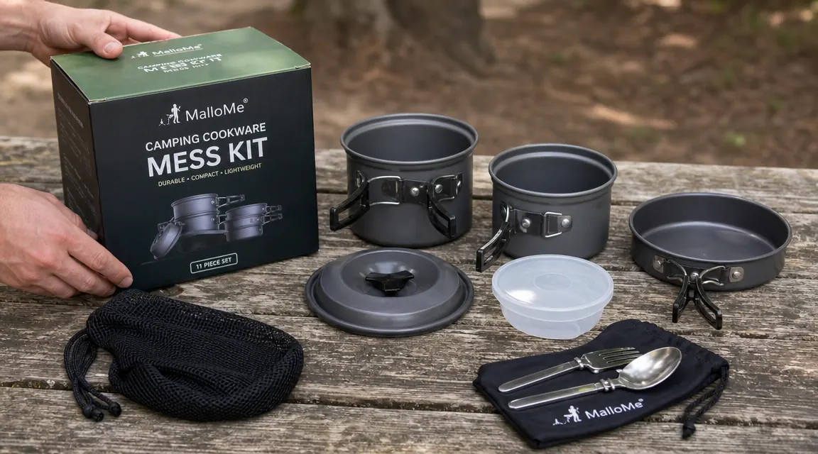 MalloMe camping cookware mess kit laid out on a picnic table showing pots, pan, and utensils