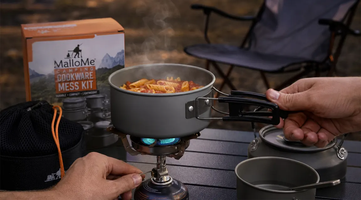 Close-up of a pot of pasta cooking on a backpacking stove at a campsite, steam rising