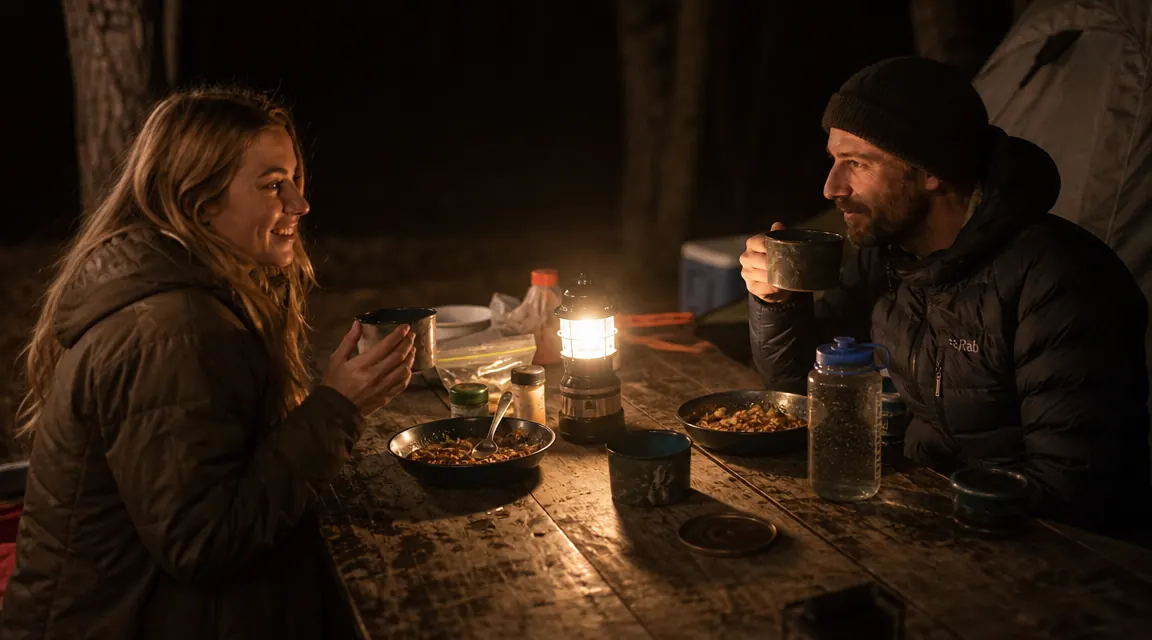 A camp table set with tin cups and bowls of hot food, lantern glowing in the background at night