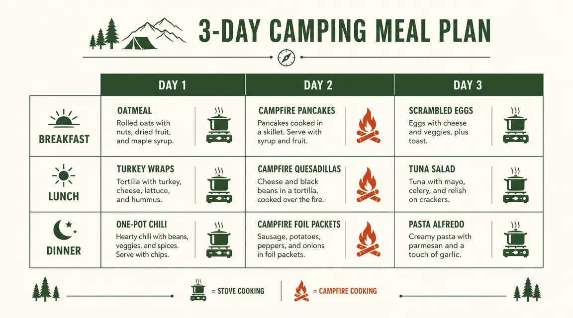 Diagram showing a three-day camping meal plan with breakfast, lunch, and dinner mapped to cookware pieces needed