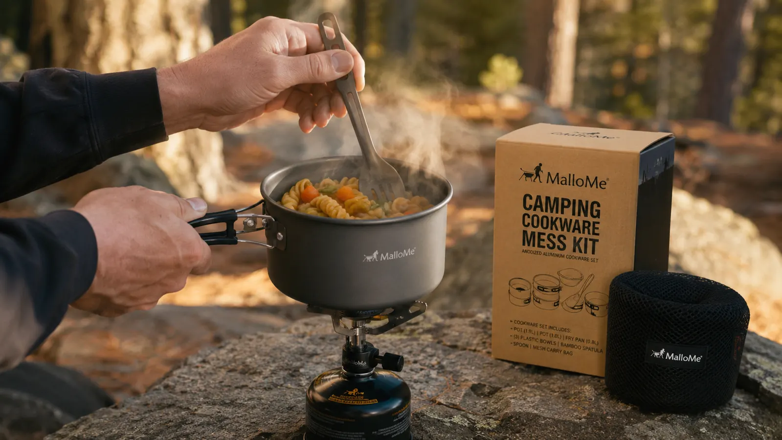 Pasta with vegetables simmering in a small aluminum camping pot over a propane canister stove at a campsite