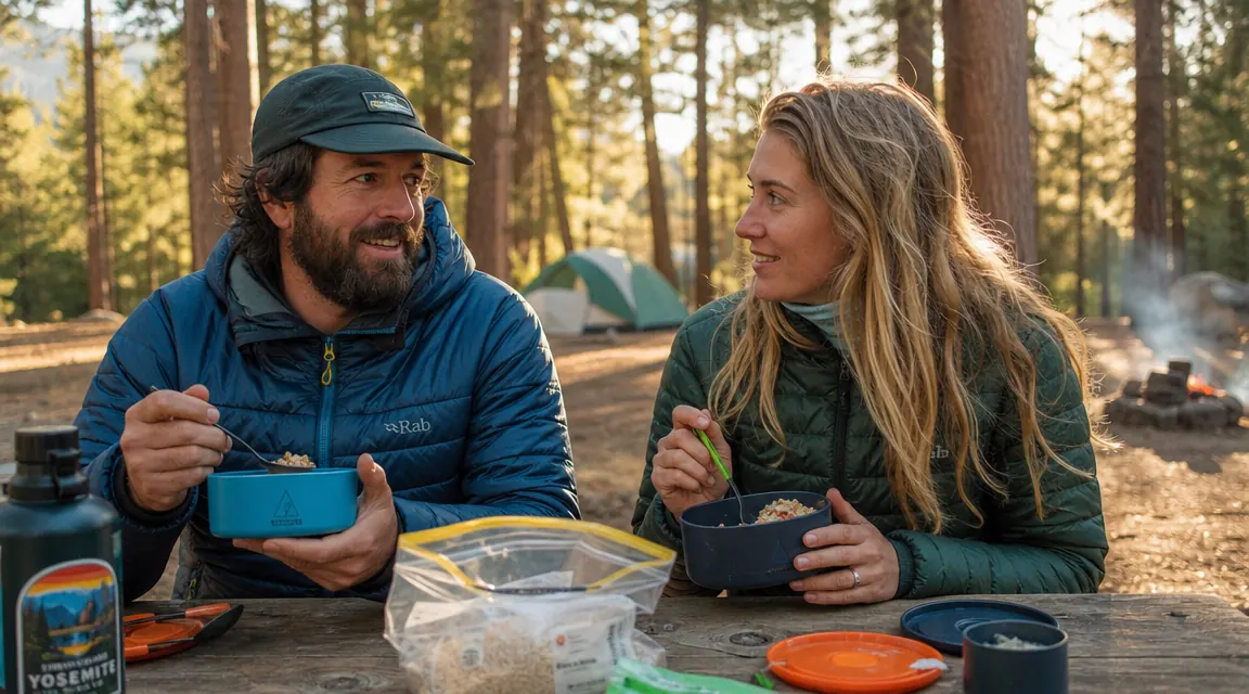 Two campers eating from camping bowls at a picnic table surrounded by trees, warm light, relaxed evening scene