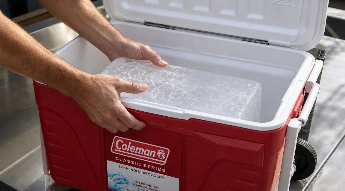 Hands layering block ice on the bottom of a Coleman 62-quart rolling cooler before adding food containers