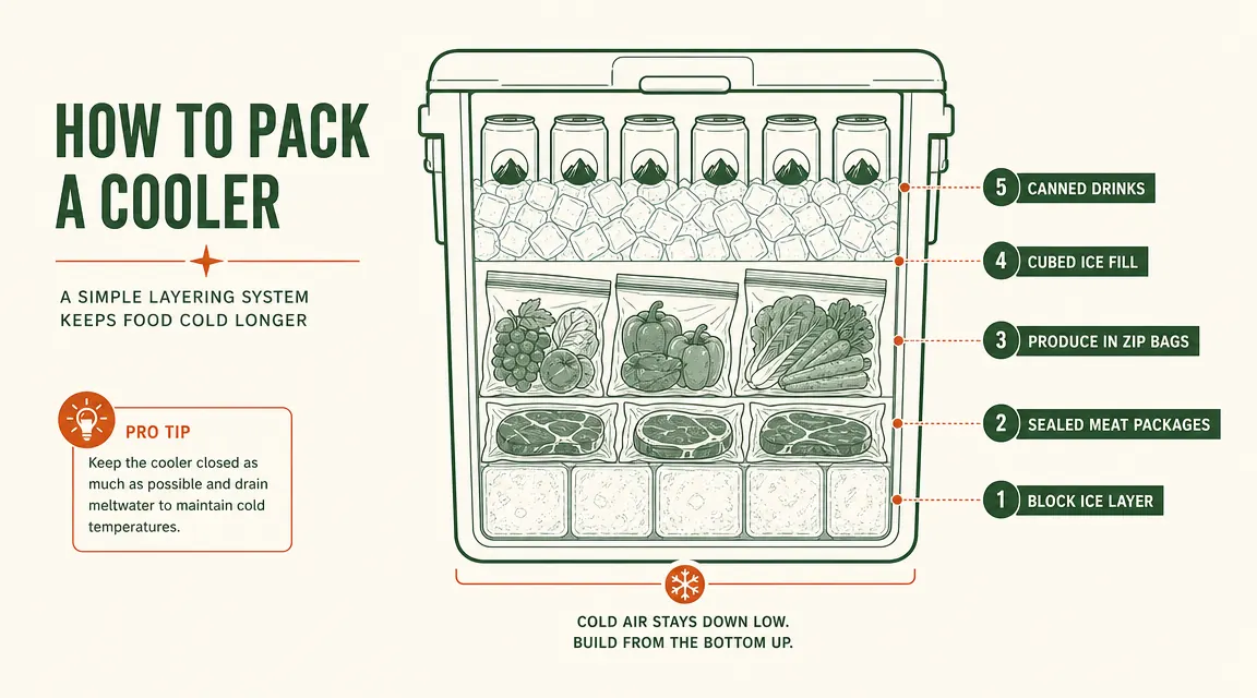 Diagram showing cooler packing layers from bottom to top: block ice, meat containers, produce, cubed ice, drinks
