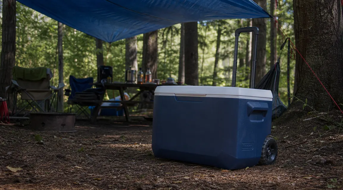 Rolling cooler positioned in the shade of a pine tree with a tarp overhead at a campsite
