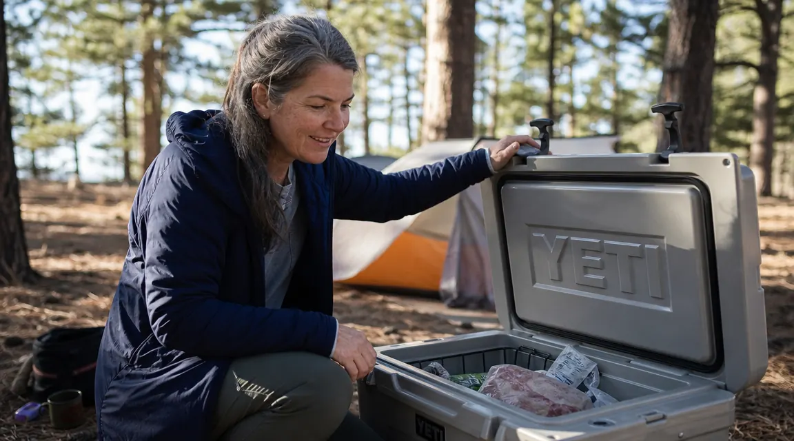 Camper opening cooler on day four of a camping trip to reveal still-cold, organized food