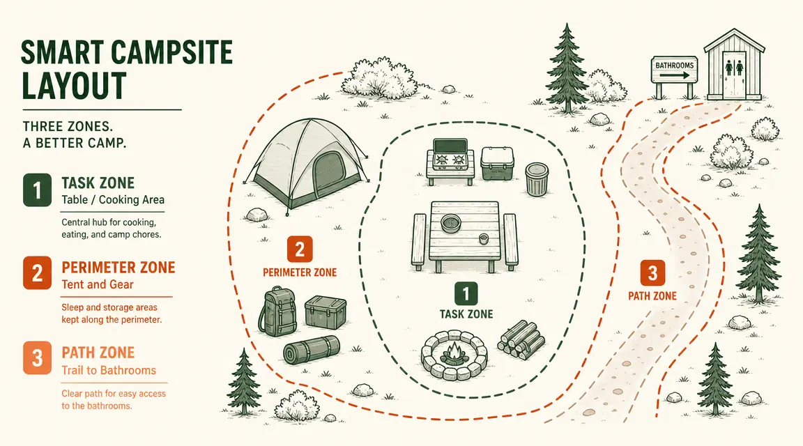 Diagram showing three campsite lighting zones: task zone at the table, perimeter zone along the tent, and path zone between the tent and the restroom trail