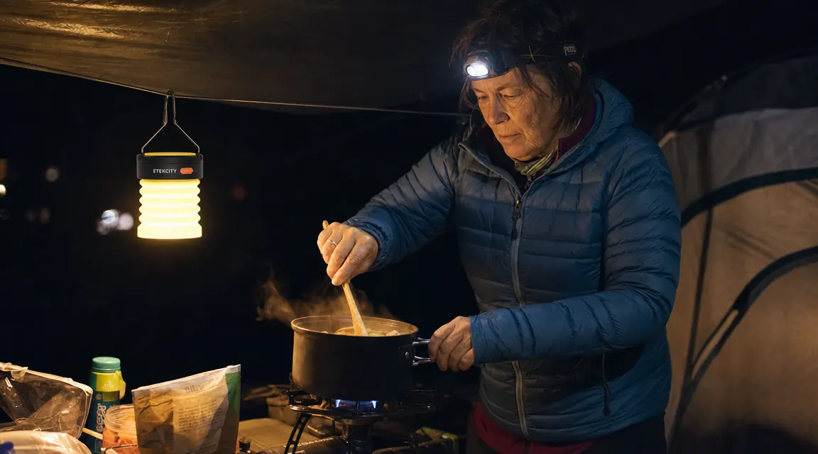 Camper wearing a headlamp while cooking at a camp stove, LED lantern hanging from a tent hook above the stove