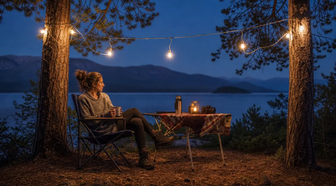 String of small battery-powered LED lights strung between two pine trees at a campsite, creating a soft overhead glow