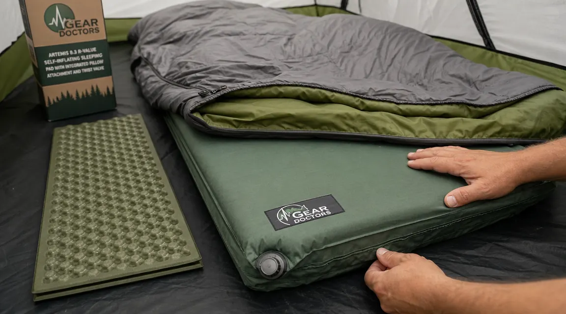 A self-inflating sleeping pad partially unrolled next to a sleeping bag on a campsite, showing the pad's thickness compared to a thin foam mat