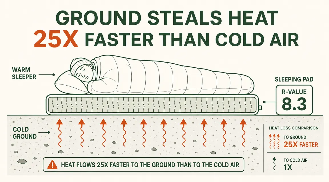R-value chart showing heat loss through the ground versus a sleeping pad, with cold ground at bottom and warm sleeper on top