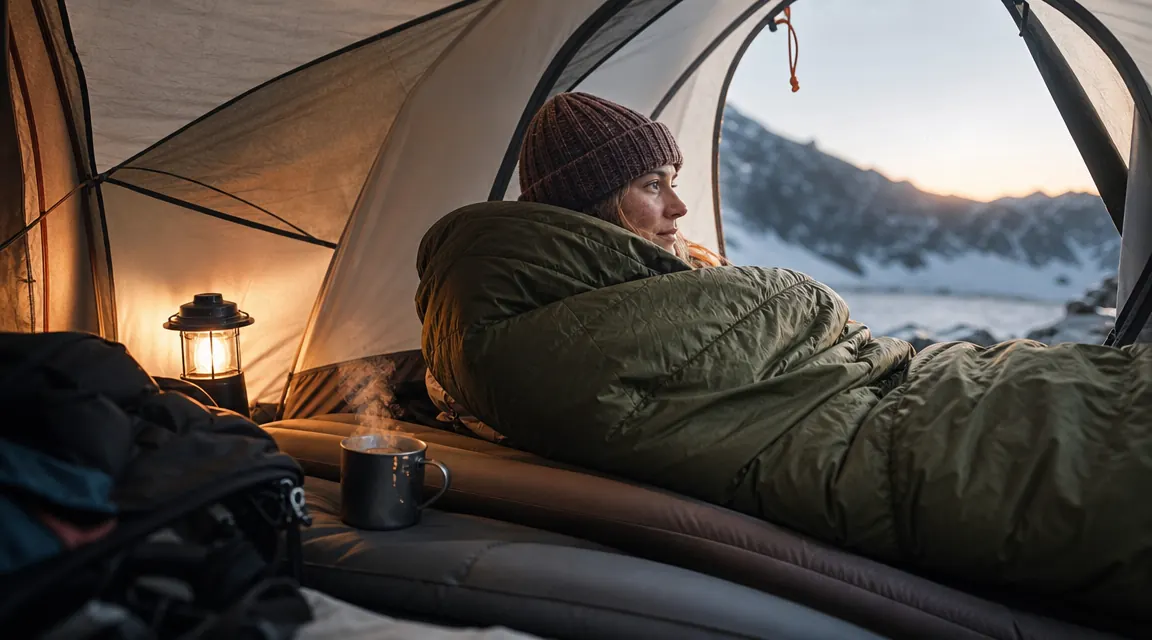 Camper in a sleeping bag on a sleeping pad inside a tent, wearing a wool hat, warm light from a small lantern, steam rising from a mug nearby