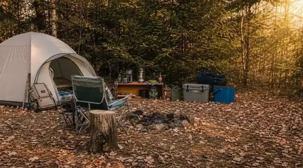 Campsite positioned with tent tucked behind a line of trees as a natural windbreak, showing smart site selection for warmth