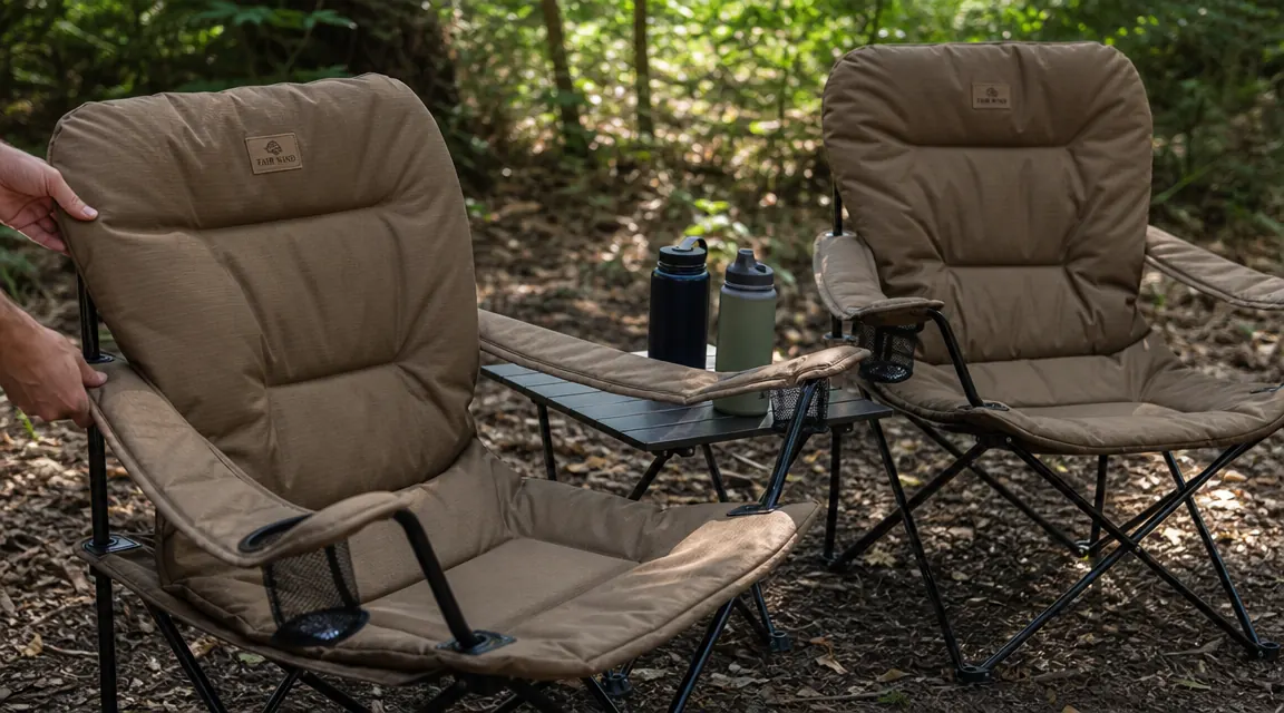 Two padded camping chairs set up in dappled shade with a small side table holding water bottles between them