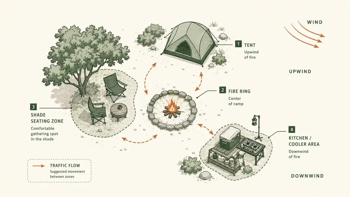 Overhead diagram showing ideal campsite layout with fire ring, shade zone, kitchen area, and sleeping tent marked