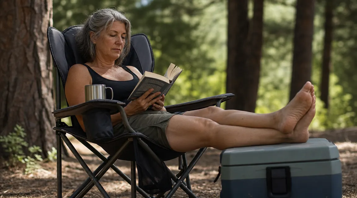 A camper in a padded chair reading a paperback book in afternoon shade, feet up on a small cooler