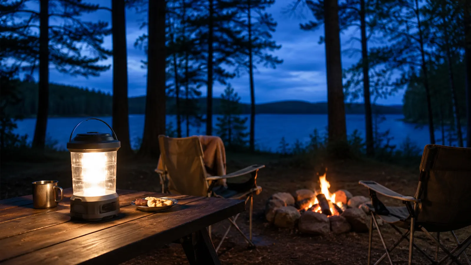 A campsite at dusk with a collapsible LED lantern glowing on a picnic table and two chairs still occupied near a low fire