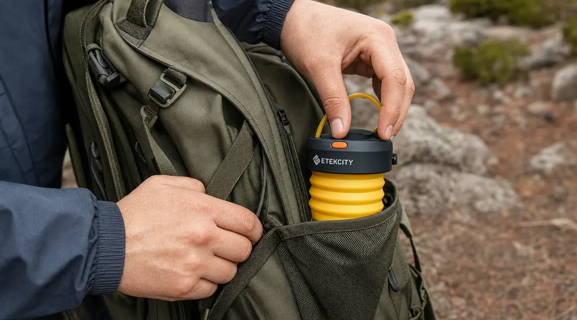 Hand pulling a collapsed Etekcity lantern from a side pocket of a camping pack