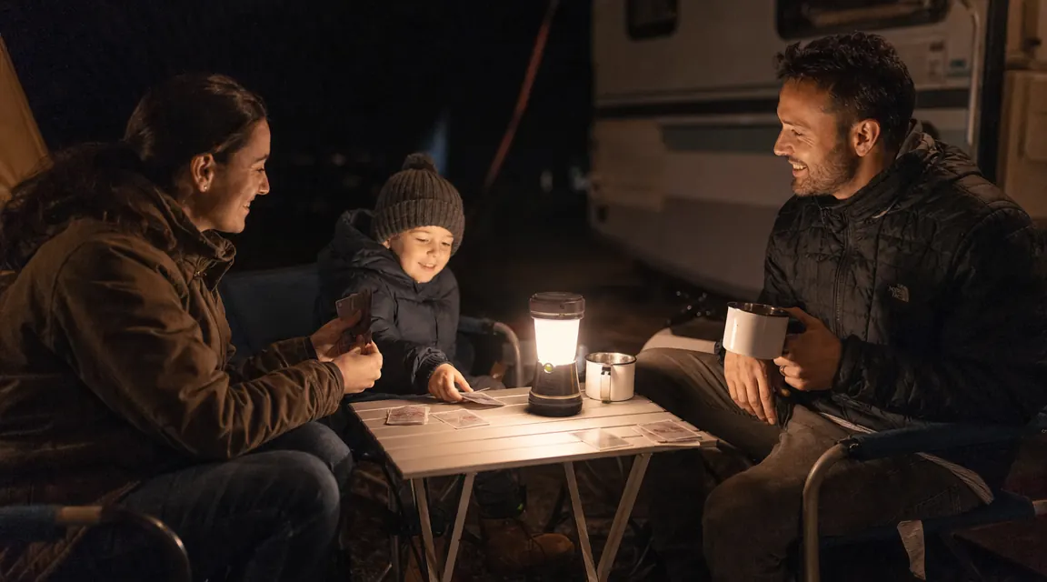 Family of three gathered around a glowing lantern at a campsite table after dark, cards and mugs visible