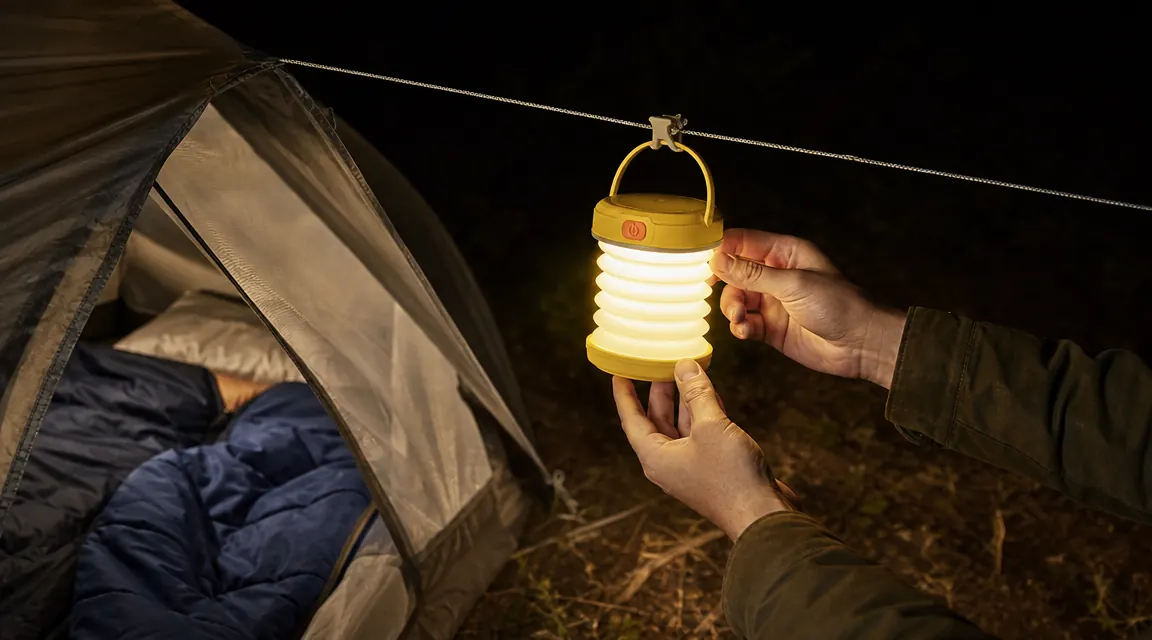 Etekcity LED lantern hanging from a tent line at a campsite, illuminating the surrounding area