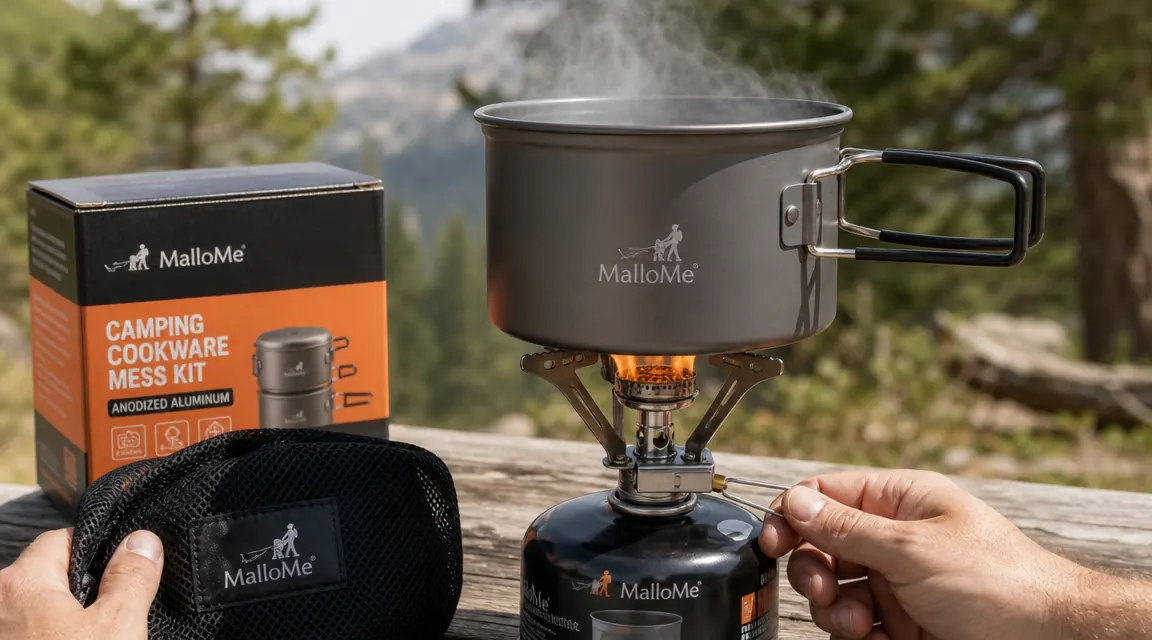 Hand holding the MalloMe small pot over a canister camping stove, steam rising from boiling water