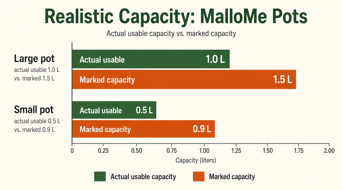 Side-by-side chart comparing MalloMe cookware pot capacities vs what they can realistically hold for one vs two campers