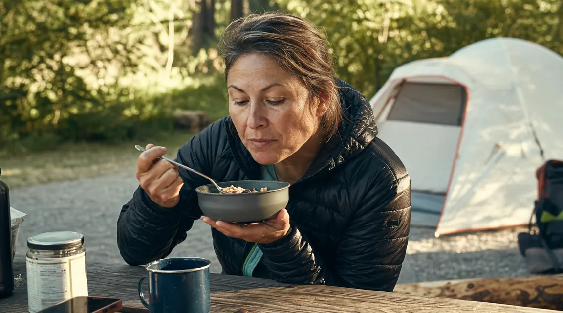 Woman eating a camp meal from the MalloMe bowl at a picnic table next to a tent in a forested campsite