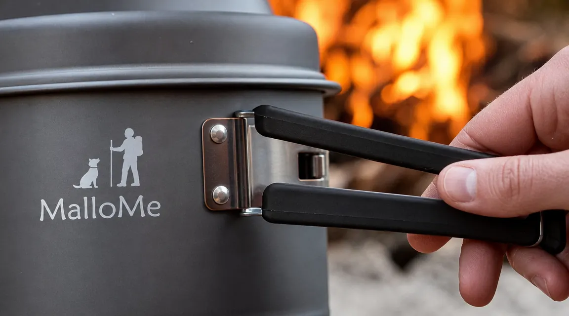 Close-up of MalloMe pot handle folded down showing the locking mechanism against a blurred campfire background