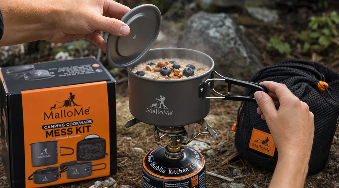 Hand pouring oatmeal from a MalloMe anodized aluminum pot over a camp stove flame