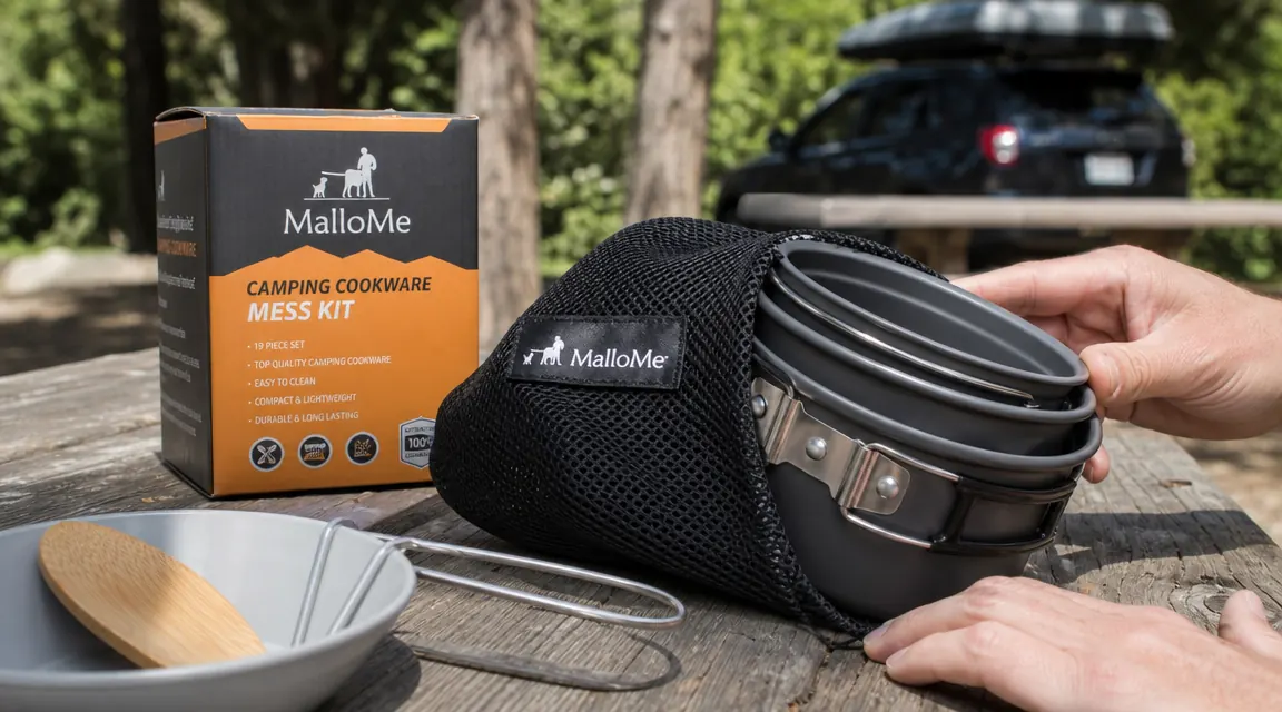 MalloMe pot and pan nested together inside the mesh carry bag on a picnic table