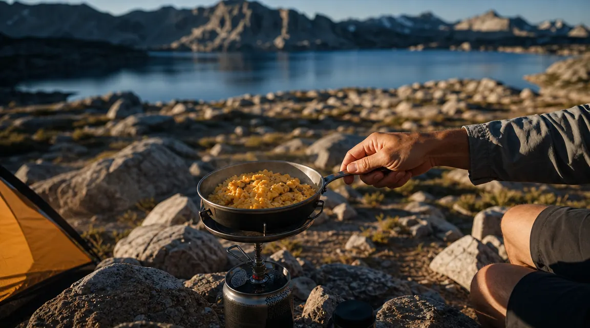 Scrambled eggs cooking in a MalloMe pan at a mountain campsite with a lake visible in the background