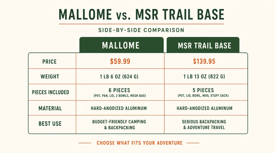 Weight and price comparison chart between MalloMe and MSR Trail Base cooksets