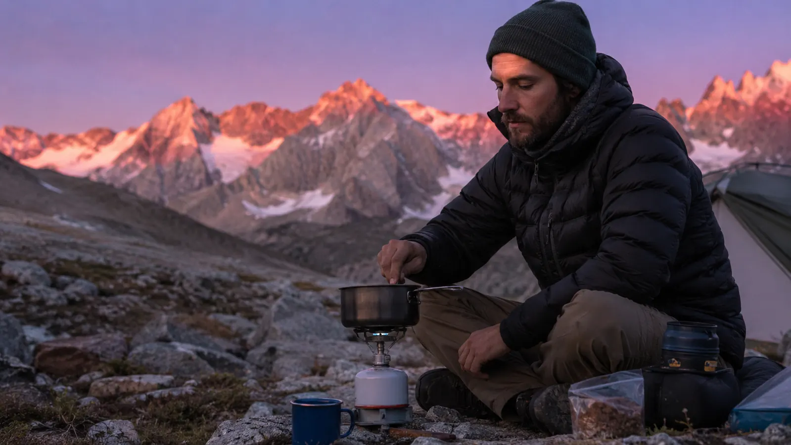 Camper cooking pasta in a small aluminum pot over a canister stove at a backcountry campsite at dusk