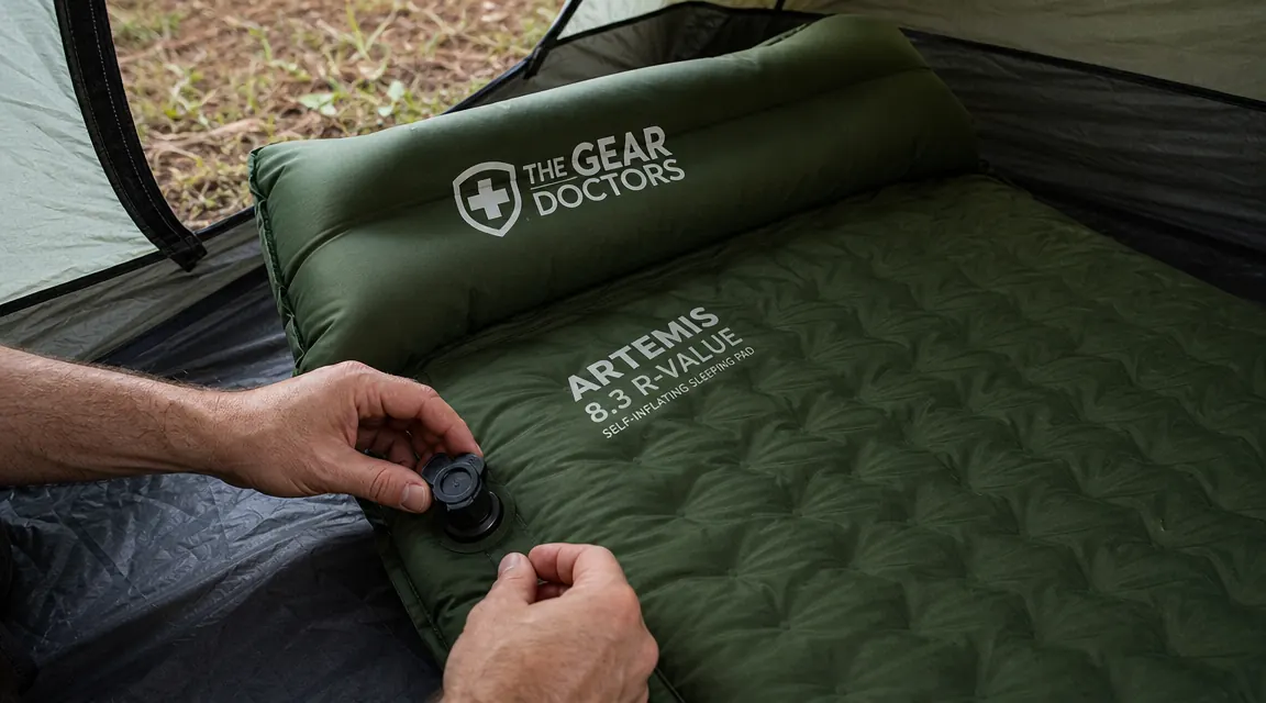 Close-up of the Gear Doctors Artemis sleeping pad valve and self-inflation mechanism on a tent floor