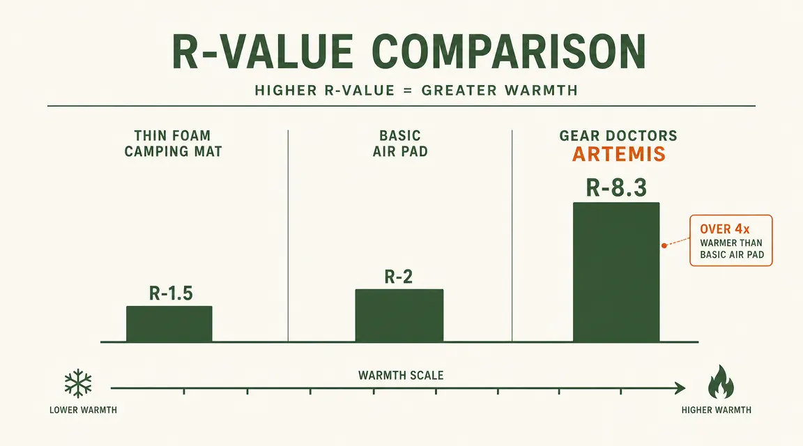 Comparison chart showing R-value insulation ratings for different sleeping pad types from foam mat to self-inflating pad