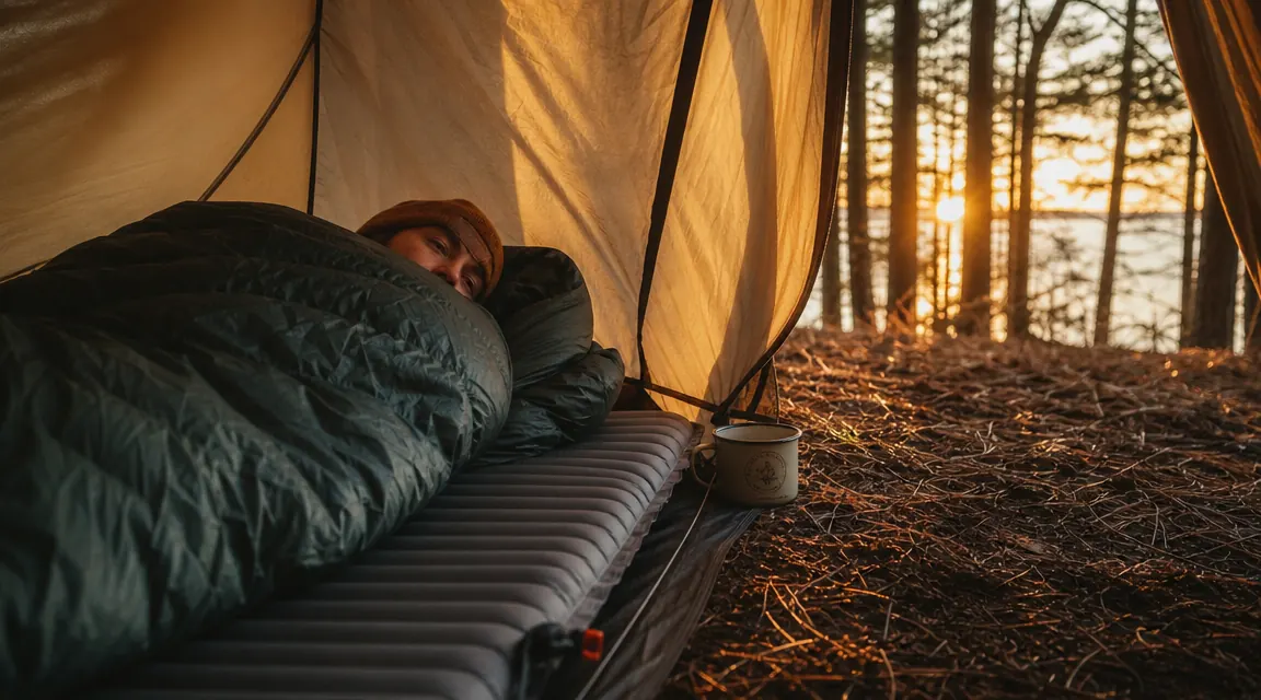 Campsite morning scene with a sleeping bag on a thick pad inside a tent, coffee cup visible at tent entrance